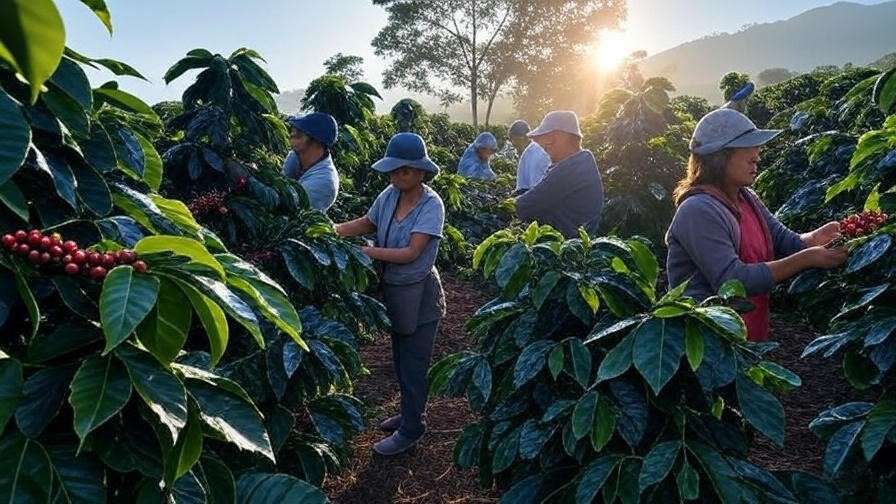 Lush coffee farm with workers harvesting cherries for Hamlet Coffee Company's sustainable sourcing
