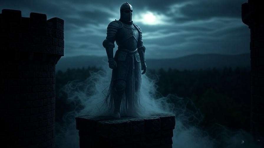 Ghostly figure on castle battlement representing Hamlet's Act 1, enhanced by SparkNotes summaries