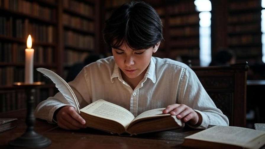Student reading in a historic library with books, using Hamlet SparkNotes for active learning