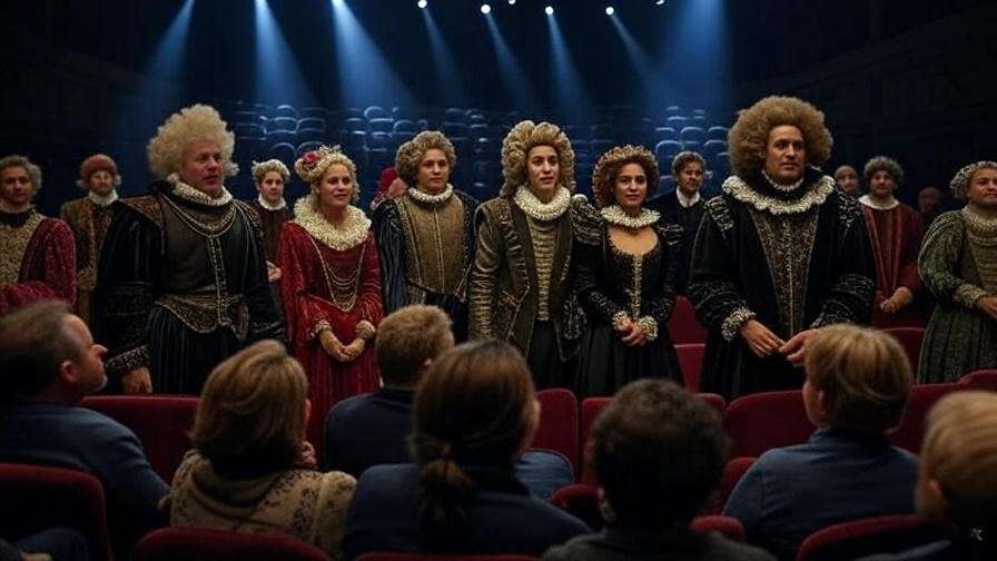 Theater stage with Hamlet actors, enhanced by SparkNotes adaptation insights