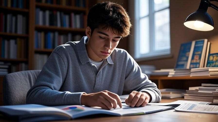 Student with study guide and charts, preparing for exams with Hamlet SparkNotes