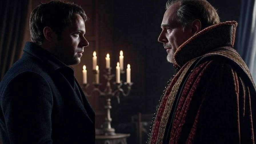 Tense confrontation scene of Paul Anderson as Hamlet with Claudius in a dimly lit Elizabethan room