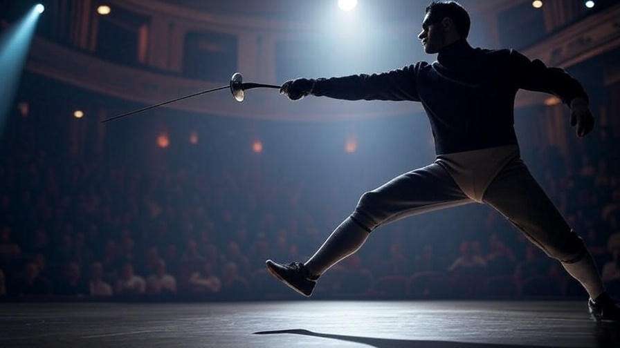 Dynamic fencing duel scene of Paul Anderson as Hamlet with dramatic stage lighting