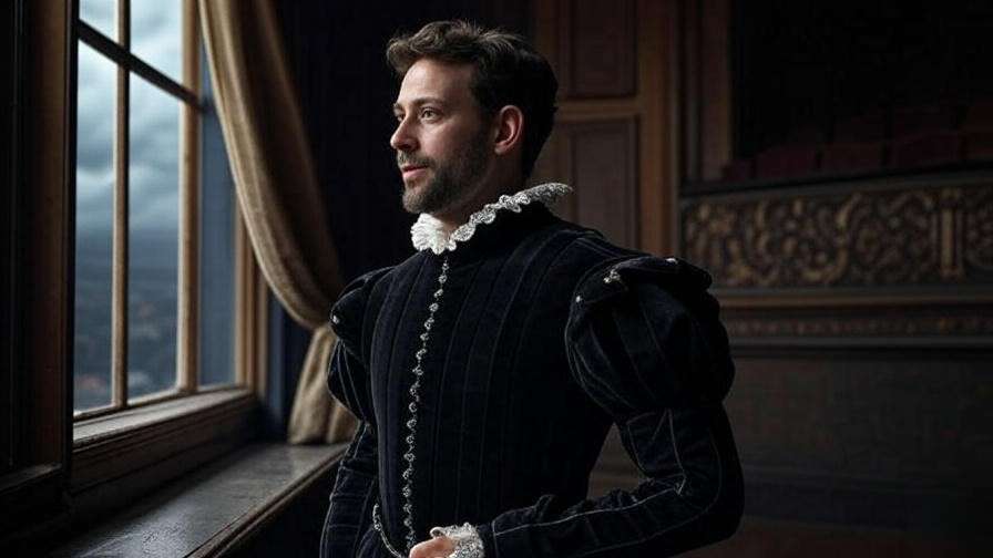 Paul Anderson as Hamlet in a modern-historical theater setting with a stormy sky