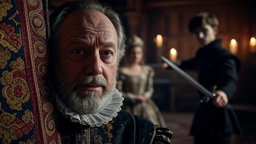 Dramatic scene of Polonius hiding behind a tapestry in Hamlet, with Hamlet and Gertrude in the background, symbolizing his tragic fate.