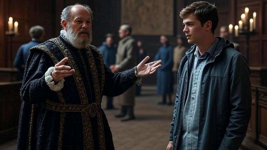 Polonius giving advice to Laertes in a grand Elizabethan hall, highlighting their father-son dynamic in Hamlet.