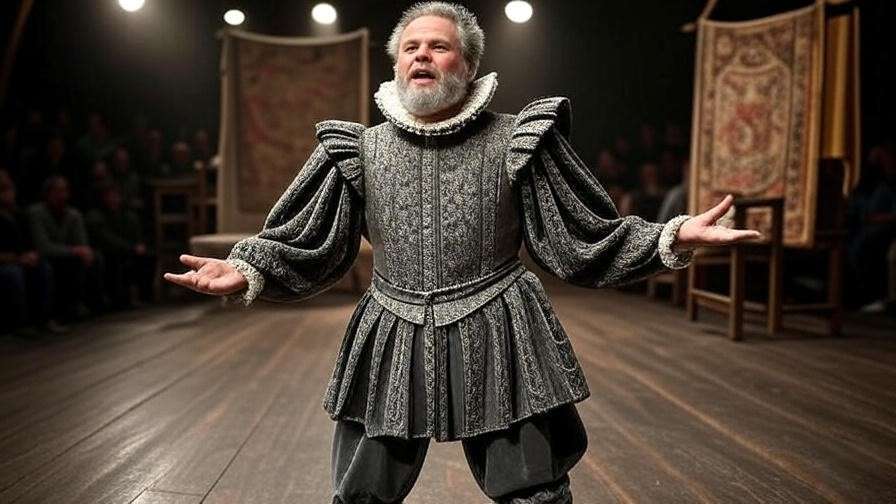 Theatrical portrayal of Polonius on stage in Hamlet, captured mid-performance behind a tapestry
