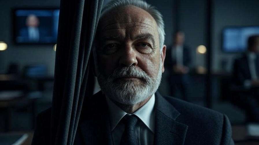 Modern depiction of Polonius symbolizing surveillance and politics, connecting Hamlet to today’s world.