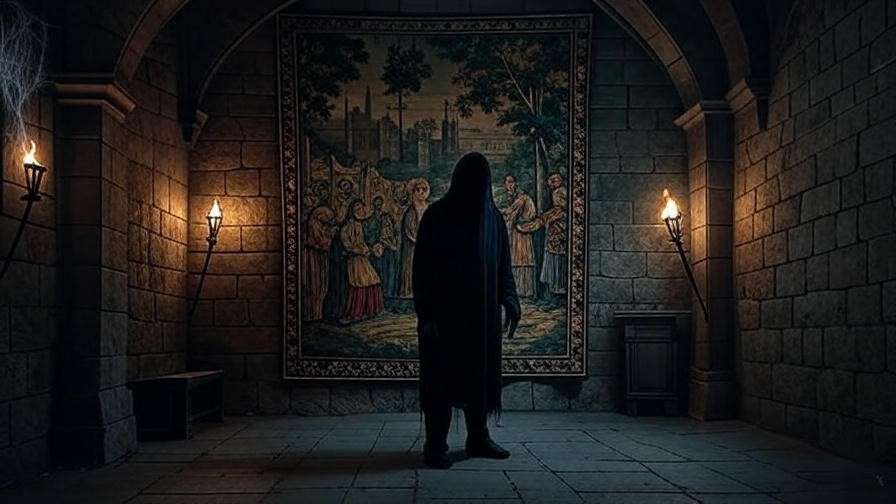 Shadowy castle hall with hidden figure behind tapestry, symbolizing betrayal in Hamlet's Elsinore.