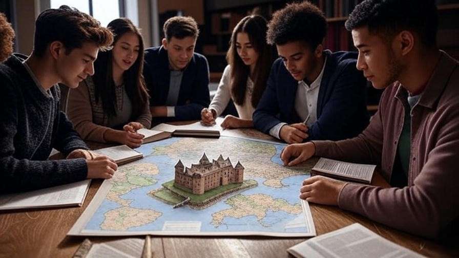 Students analyzing Elsinore Castle map in classroom for Hamlet study.