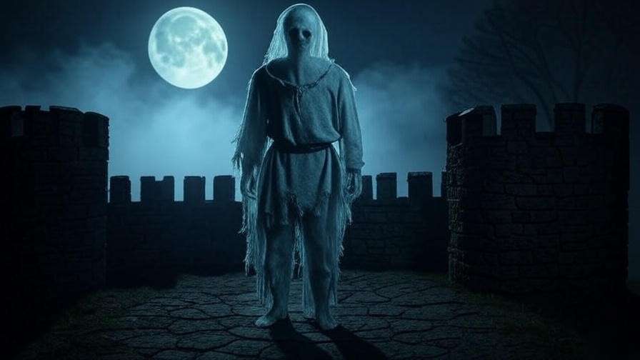 Ghostly figure on Elsinore battlement under moon, symbolizing Hamlet's supernatural theme.