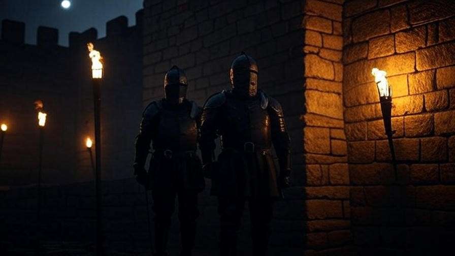 Armored watchmen guarding Elsinore Castle battlements at night in Hamlet, torchlight illuminating stone walls