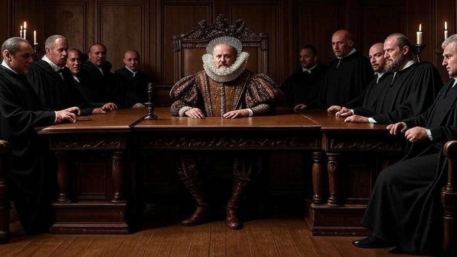 Elizabethan courtroom with Polonius at a wooden desk, surrounded by shadowy advisors in Hamlet.