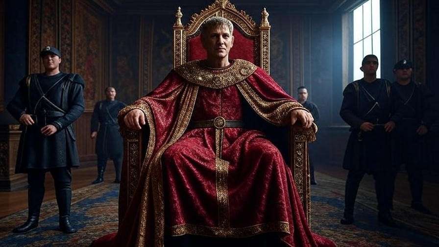 King Claudius on throne with guards in stormy Elsinore Castle throne room from Hamlet