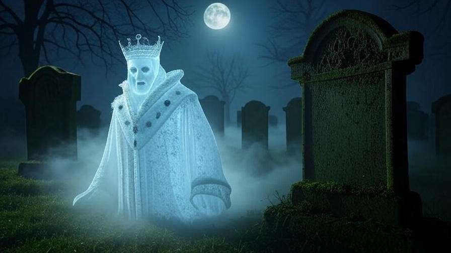 Ghost of King Hamlet emerging from misty graveyard in Hamlet, symbolizing justice.