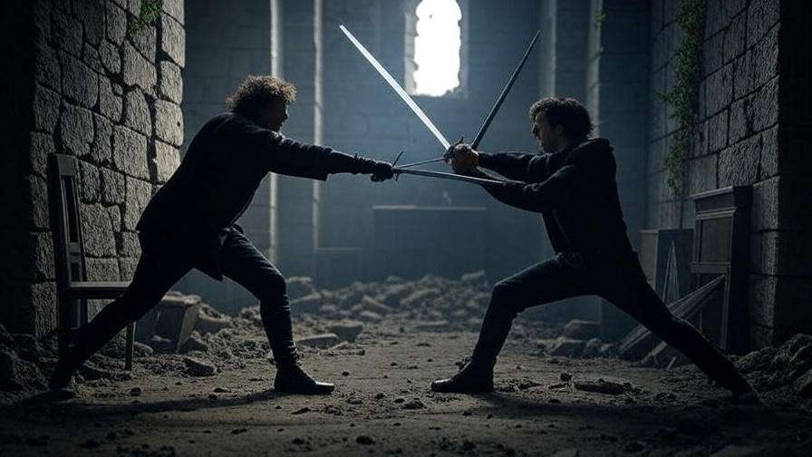 Hamlet and Laertes dueling in crumbling Elsinore Castle interior in Hamlet.