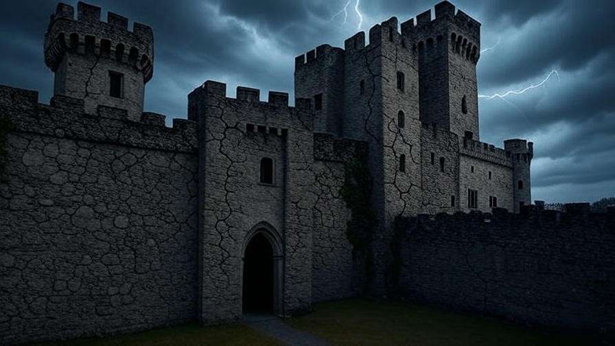Cracked Elsinore Castle under stormy sky symbolizing fragility in Hamlet