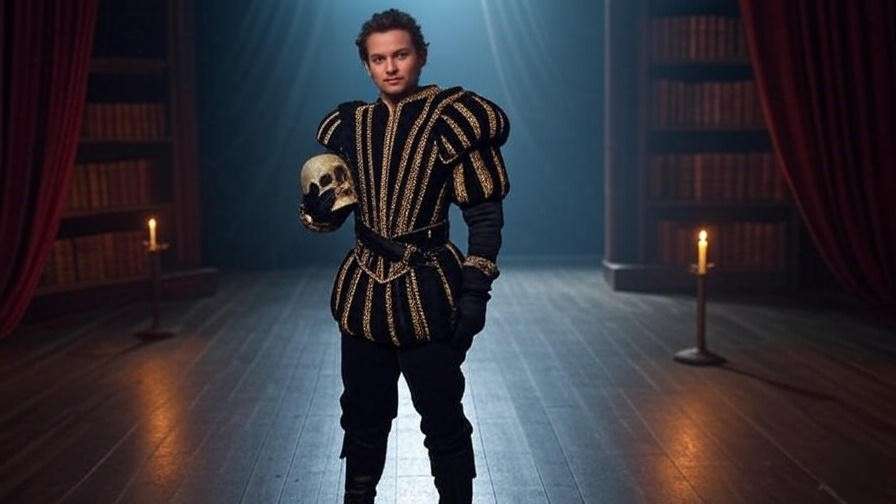 Dramatic Elizabethan theater scene with actor in Hamlet costume holding a skull, symbolizing timeless quotations