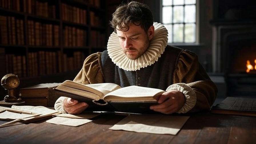 Scholar in Elizabethan attire reading in a library, representing historical context of Hamlet quotations