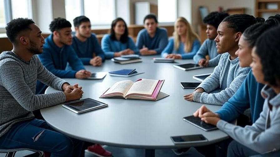 A 16:9 aspect ratio image of a modern classroom setting with a diverse group of people engaged in discussion around a table, an open Hamlet book at the center, surrounded by notebooks and modern tablets, no text, bright natural light, collaborative atmosphere, detailed background.
