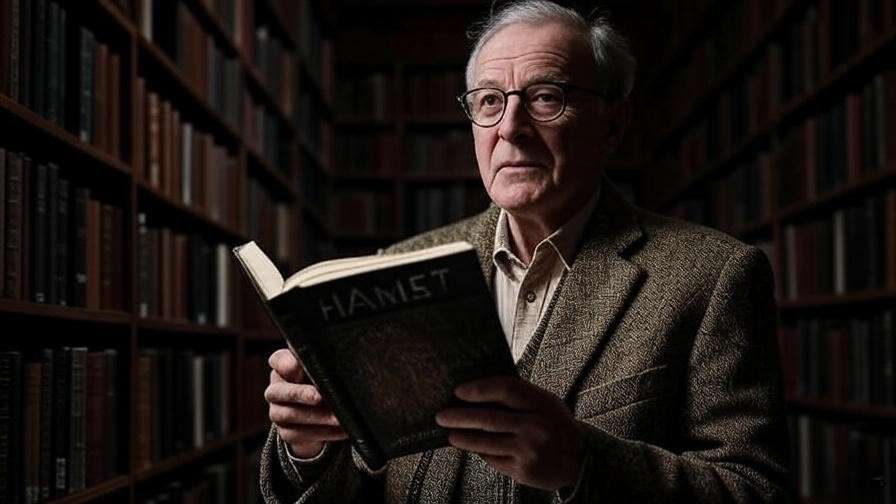 Scholar with annotated Hamlet text in a modern library, symbolizing expert insights