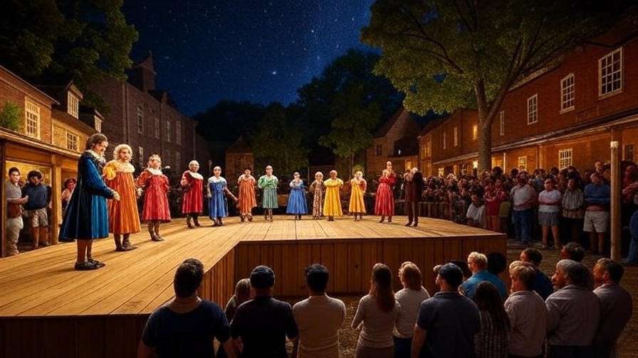 Shakespearean festival in Hamlet NC County with actors performing under stars, historical depot in background