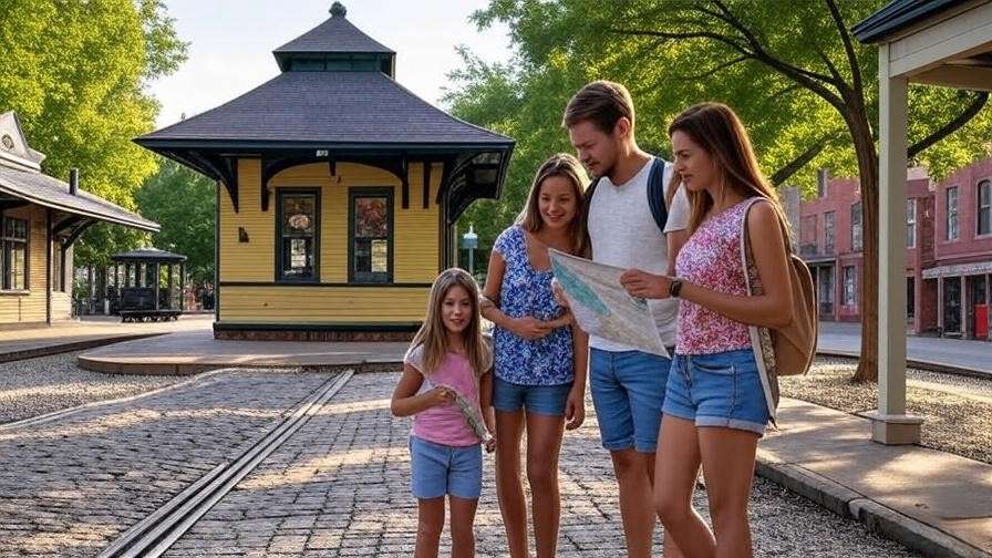 Historic Hamlet NC County depot with family exploring for Shakespeare tourism