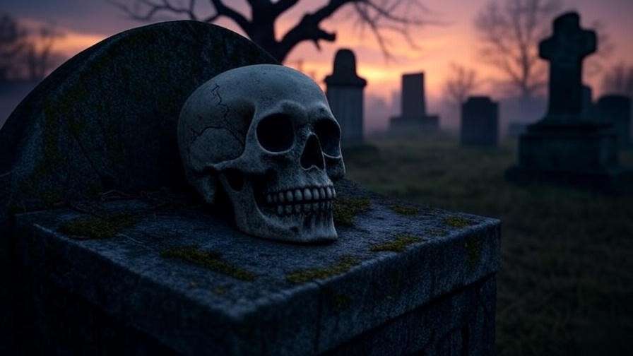 Moody graveyard scene with a skull on a tombstone at dusk, representing the Hamlet skull scene
