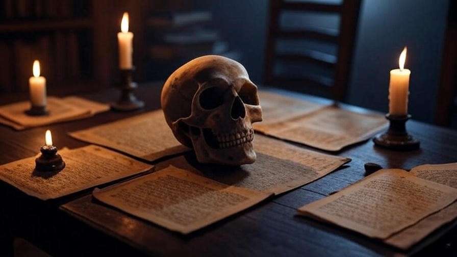 Renaissance-inspired scene with a skull and manuscripts, reflecting memento mori in Shakespeare’s era