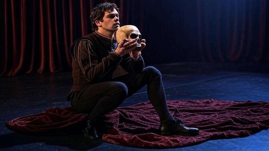 Theatrical Hamlet in Elizabethan attire holding a skull on a dimly lit stage.