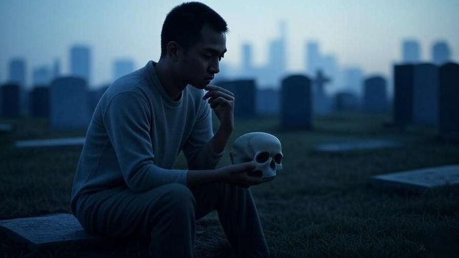 Modern figure holding a skull in a twilight graveyard with a city skyline, symbolizing Hamlet’s enduring themes.