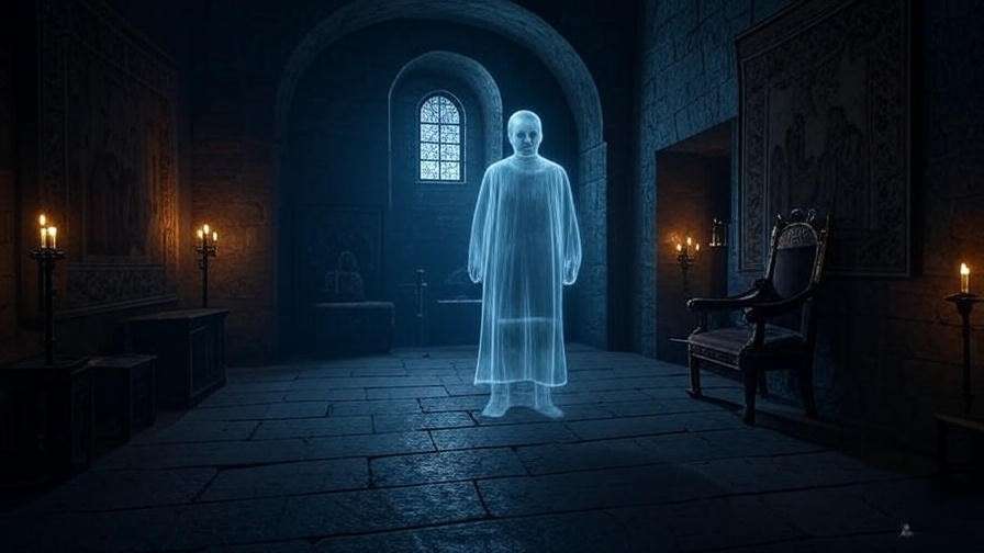 Ghostly figure in a medieval castle symbolizing revenge and justice in Hamlet
