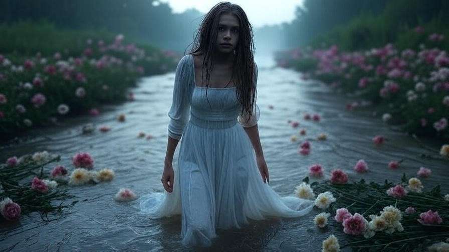 Surreal scene of a woman with broken flowers symbolizing madness in Hamlet