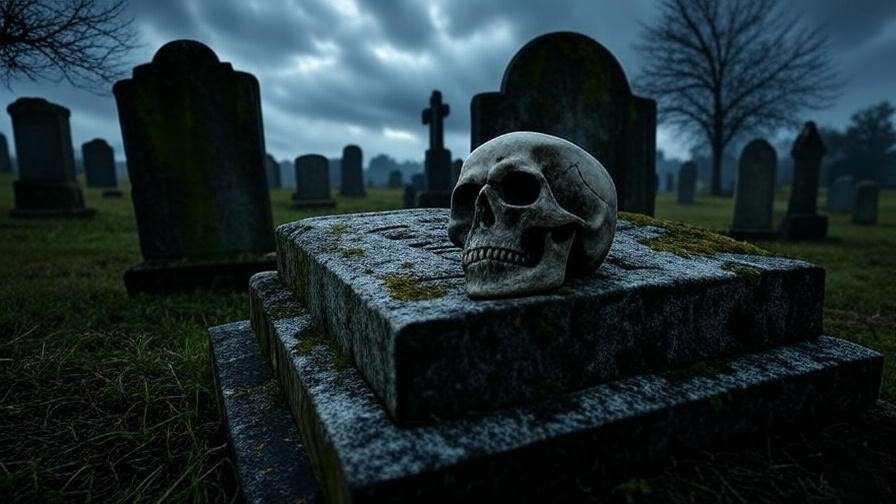 Graveyard with skull under stormy sky representing mortality in Hamlet.