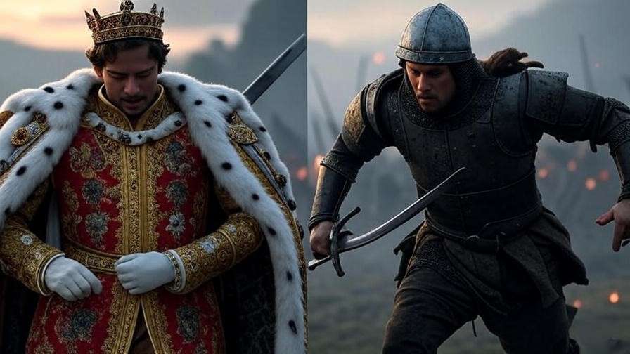 Split scene of a hesitant prince and warrior symbolizing action vs inaction in Hamlet.