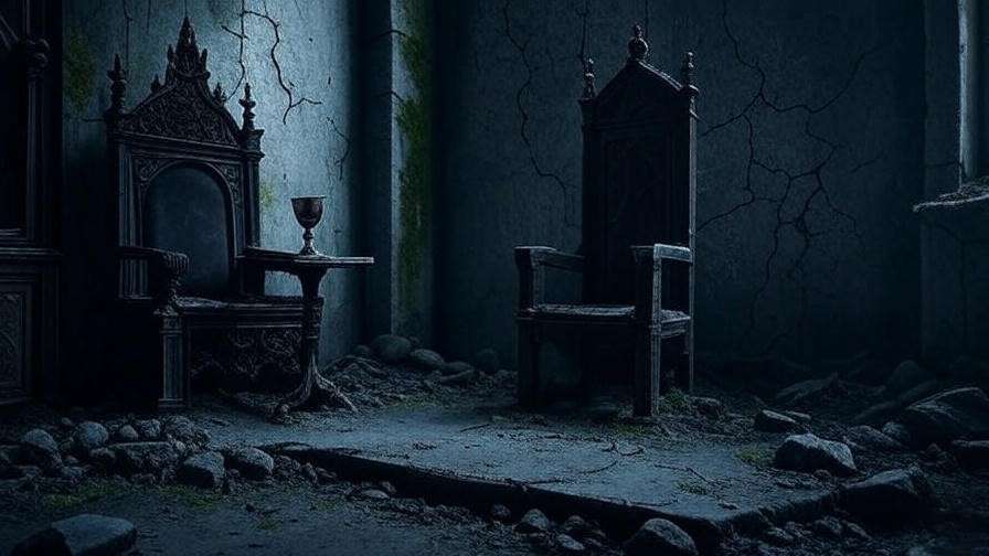 Decaying royal court with poisoned chalice symbolizing corruption in Hamlet