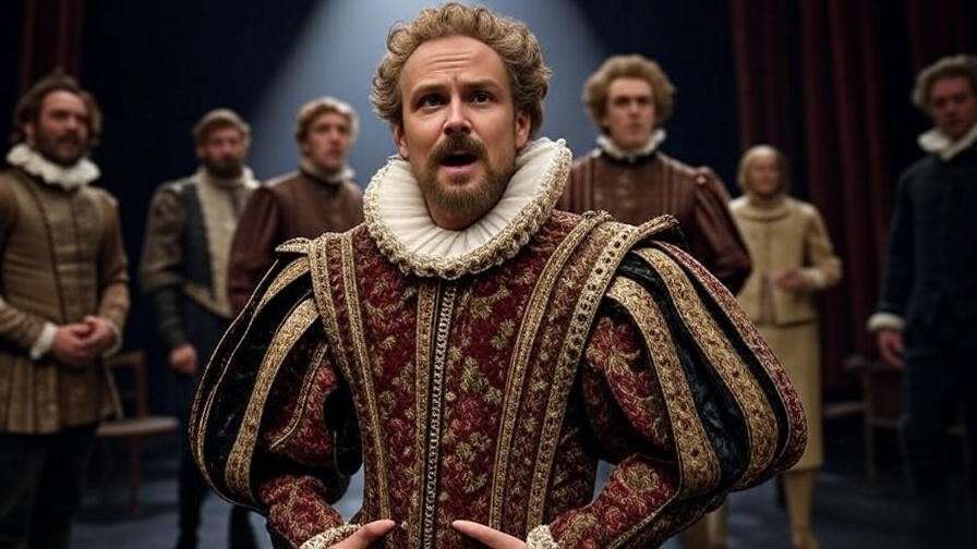 Theater stage with actors performing Hamlet symbolizing its cultural impact