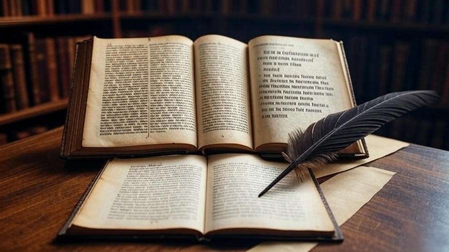 Side-by-side view of Shakespearean text and modern translation books on a desk with quill.