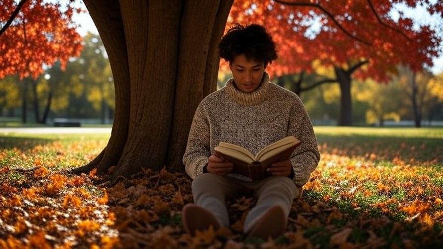 Person reading a book under a tree in a peaceful autumn park setting.