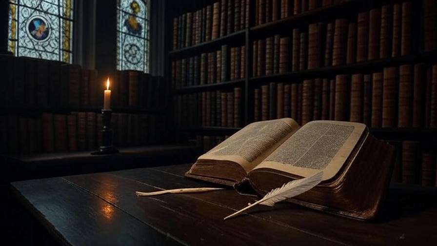 Elizabethan study with an open Bible and candlelight, reflecting Shakespeare’s religious context.
