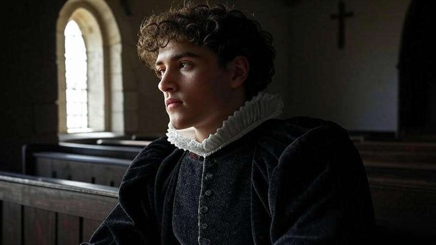Young man in Elizabethan attire contemplating near a church window, symbolizing Hamlet’s existential musings