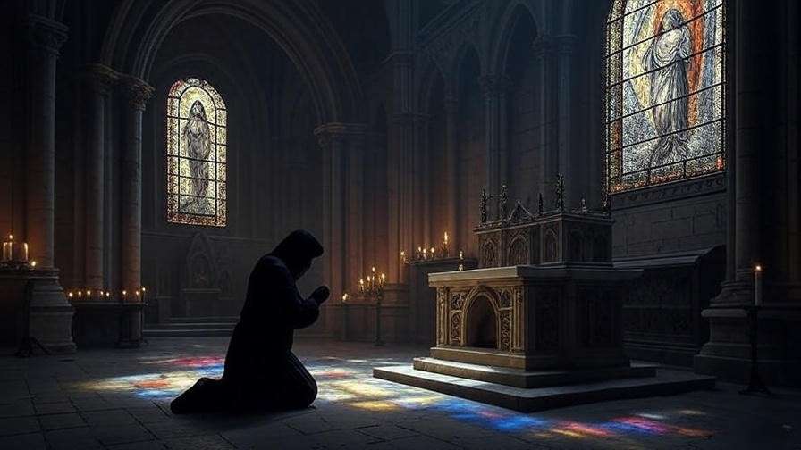 Gothic cathedral with stained glass and a praying figure, representing divine justice in Hamlet