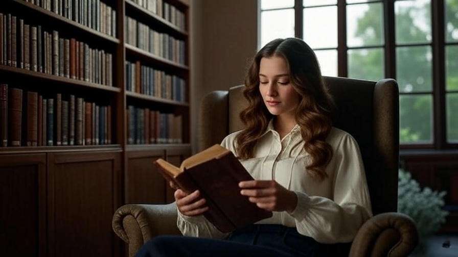 Modern library with a person reading Shakespeare, symbolizing timeless biblical themes in Hamlet.