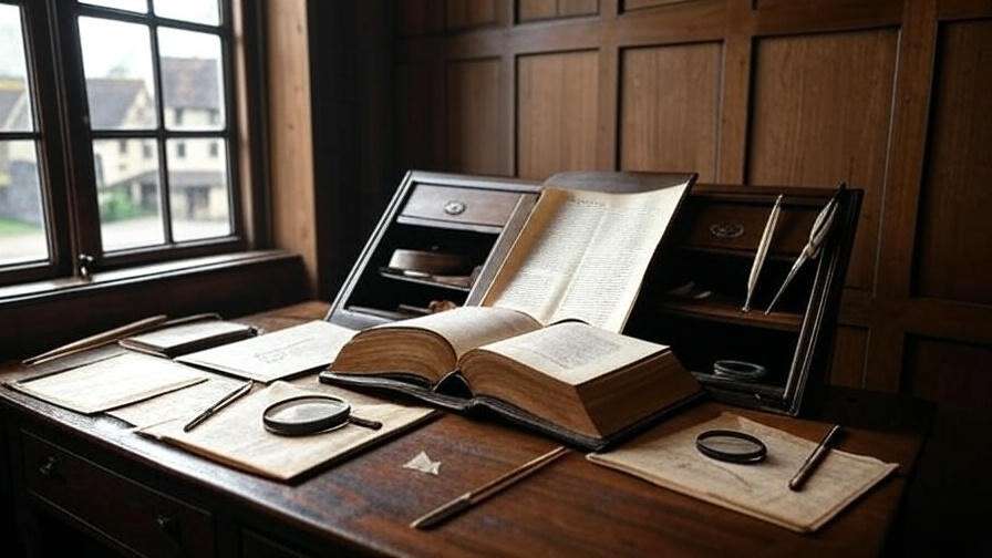 Scholarly desk with an open Geneva Bible and quills, aiding study of Hamlet’s biblical allusions.