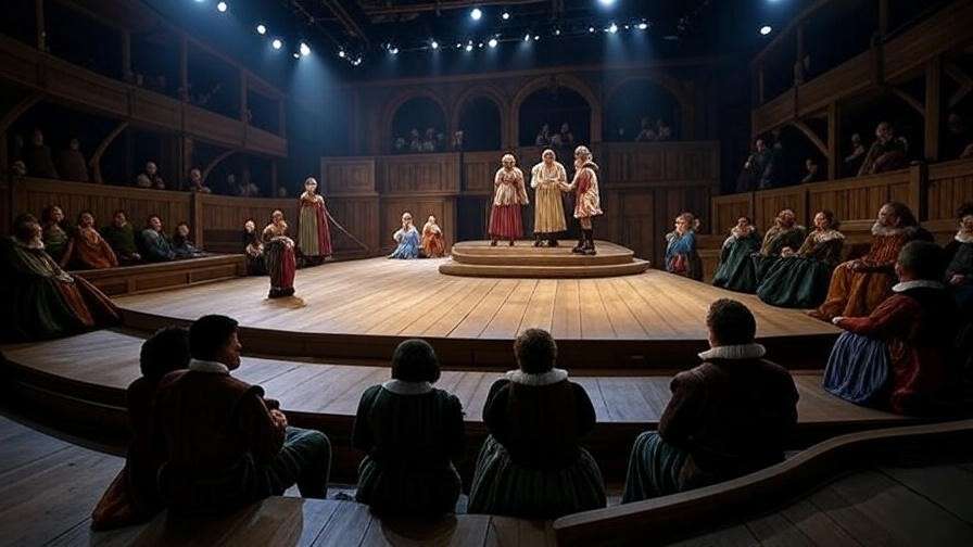 Elizabethan theater with actors performing on stage, illustrating the historical context of Hamlet quotes.
