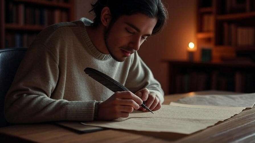 Person journaling with quill and parchment in a cozy room, reflecting personal growth with Hamlet quotes.