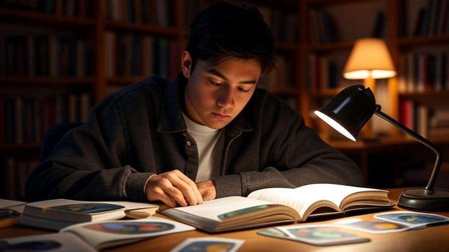 Student studying with flashcards in a cozy environment, demonstrating memorization of Hamlet quotes