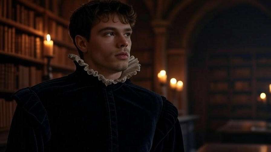 Contemplative Hamlet in Elizabethan attire in a candlelit castle library
