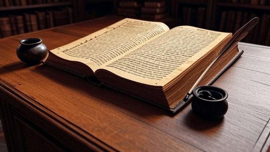 Open Shakespearean manuscript with quill on a medieval wooden desk