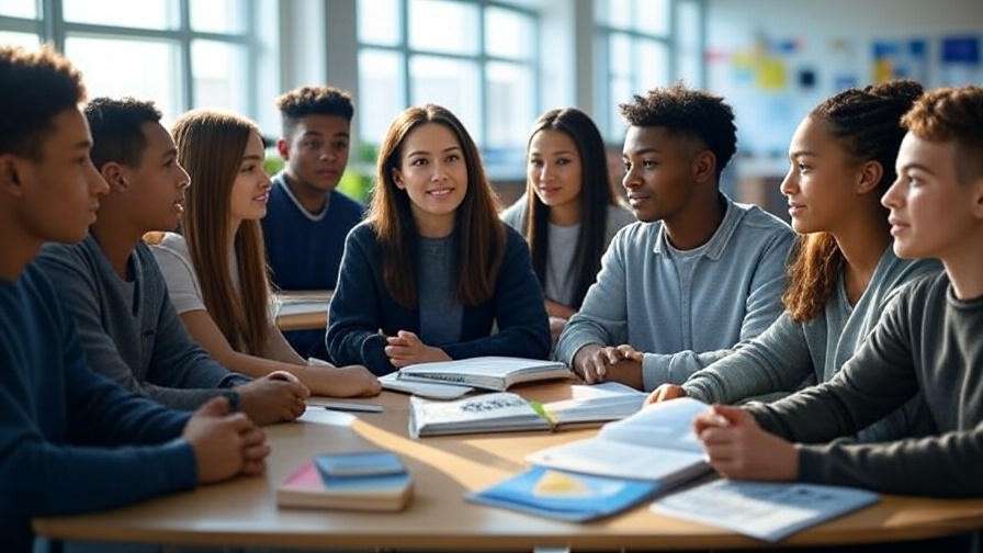 Students and teacher discussing Hamlet book in a classroom